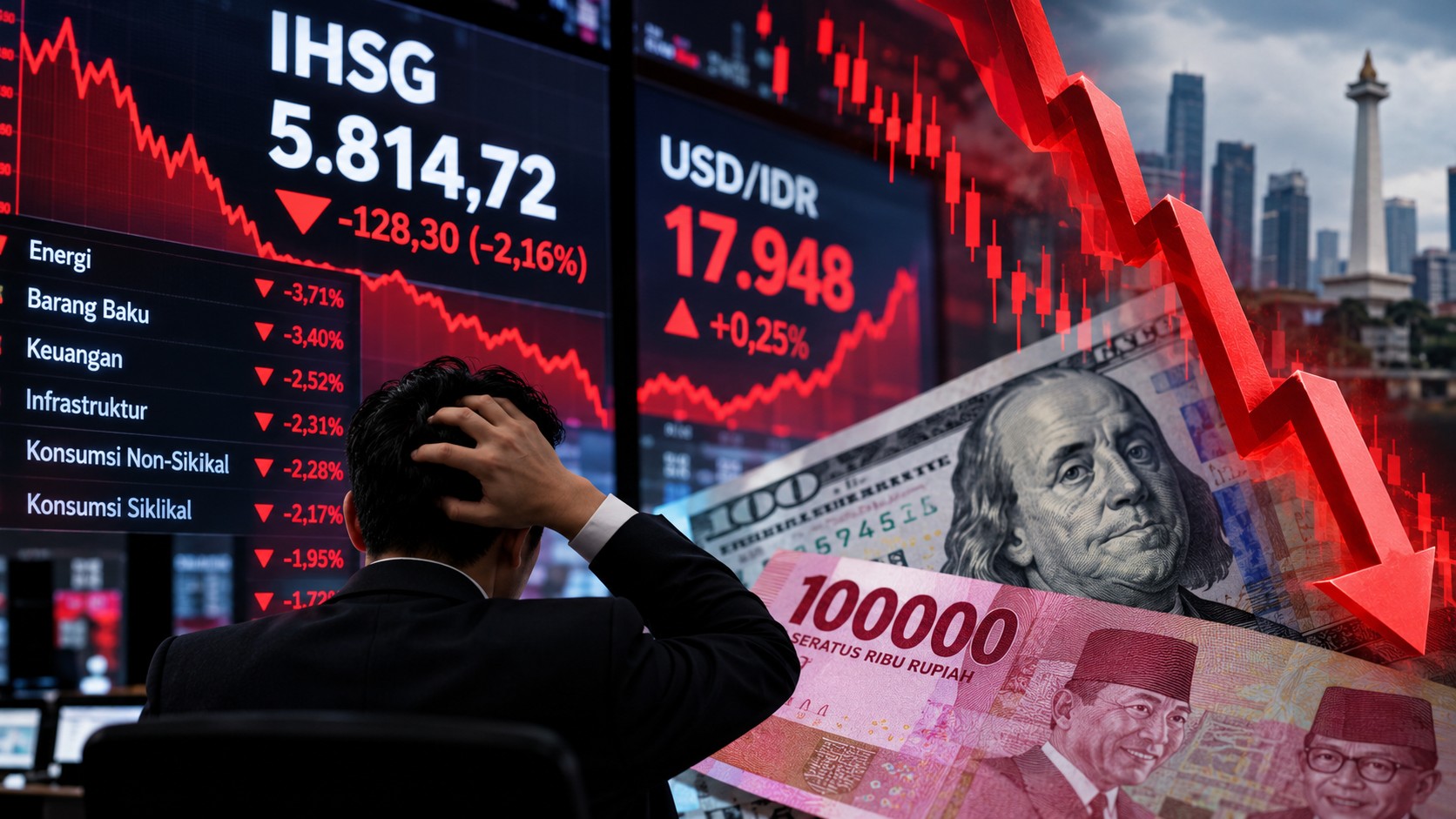 Kamis Berdarah di Pasar Keuangan: IHSG Ambles 2%+, Rupiah Nyaris Tembus Rp18.000